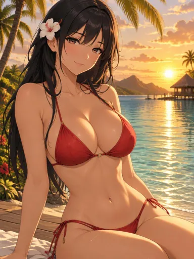 Akane, anime companion in a red bikini by a lagoon