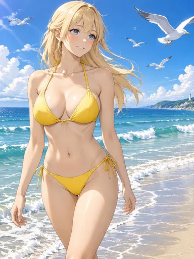 Hana, blonde anime girl walking along the sea