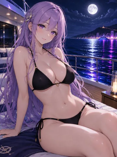 Rei, anime companion on a yacht at night